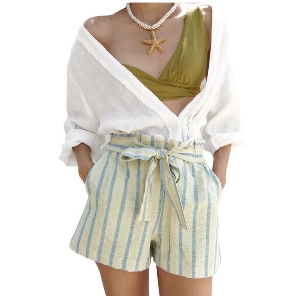 ZARA | Blue/White | STRIPED BELTED SHORTS - Picture 5 of 12